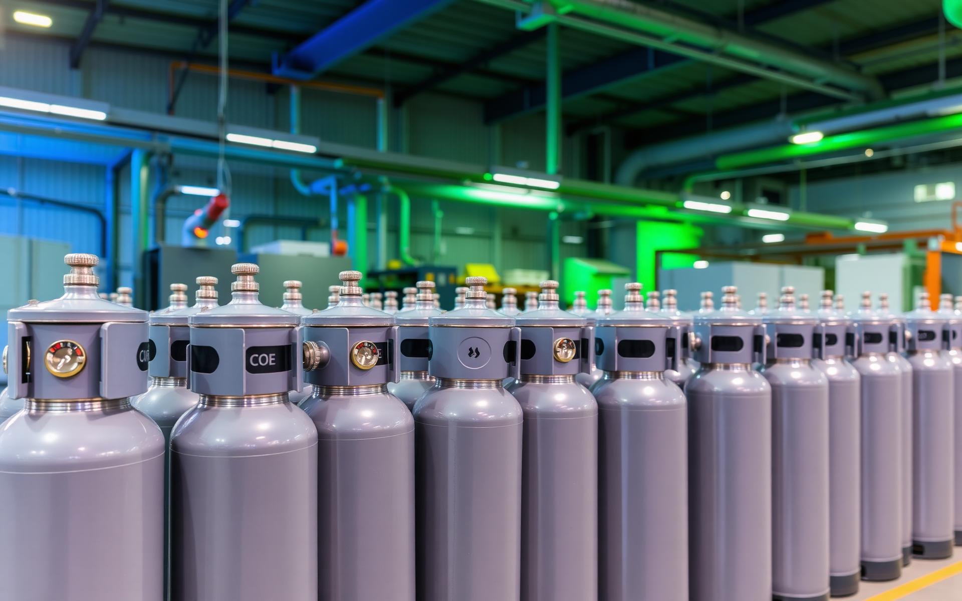 CO₂ gas cylinders lined up in a modern industrial supply warehouse